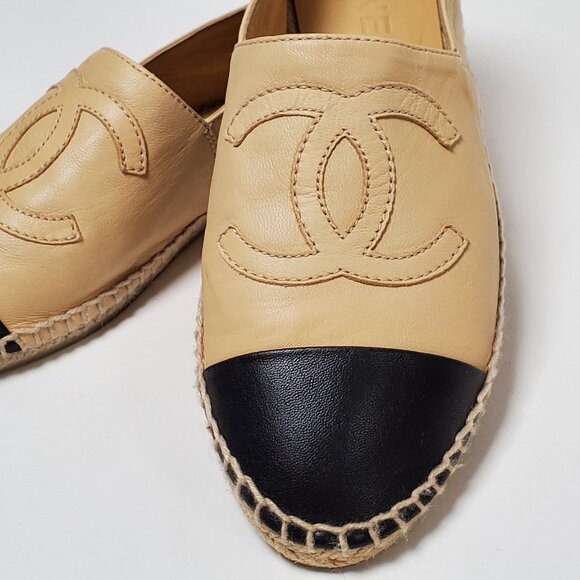 CHANEL SHOES CC LOGO BEIGE LAMBSKIN LEATHER FLATS ESPADRILLE sz 39 US 7.5 - Picture 4 of 16